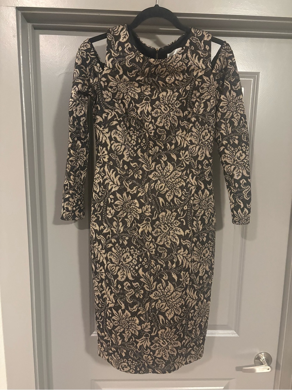 Eliza J Black and Gold Floral Cold-Shoulder Sheath Dress